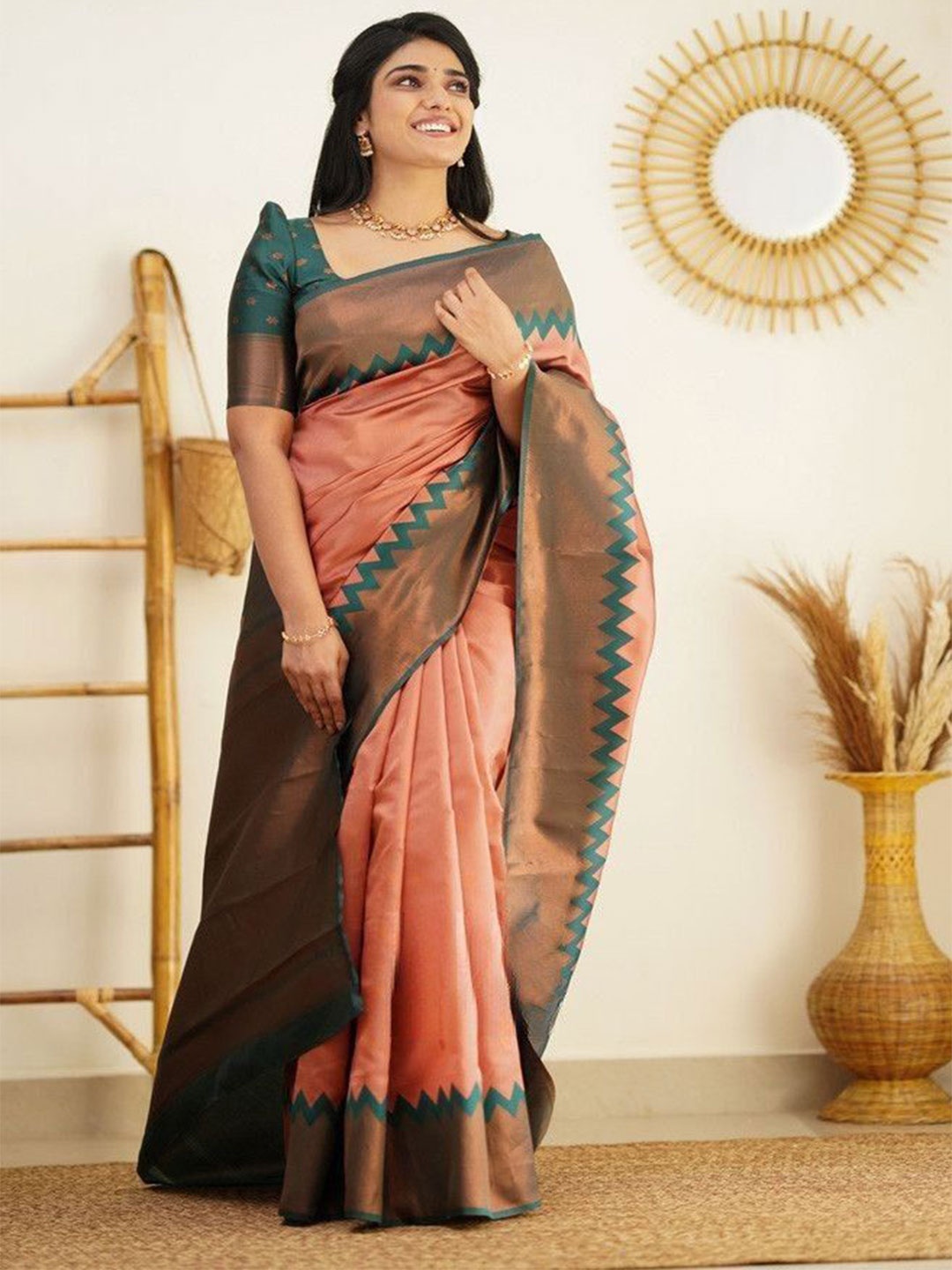 

Taslar Zari Pure Silk Banarasi Saree, Peach
