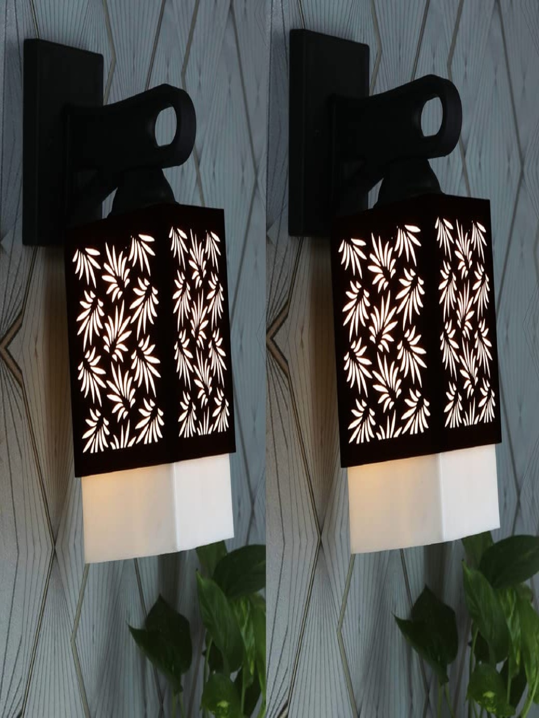 

Gojeeva Black & White 2 Pieces Textured Wooden Rectangle Shaped Wall Lamps