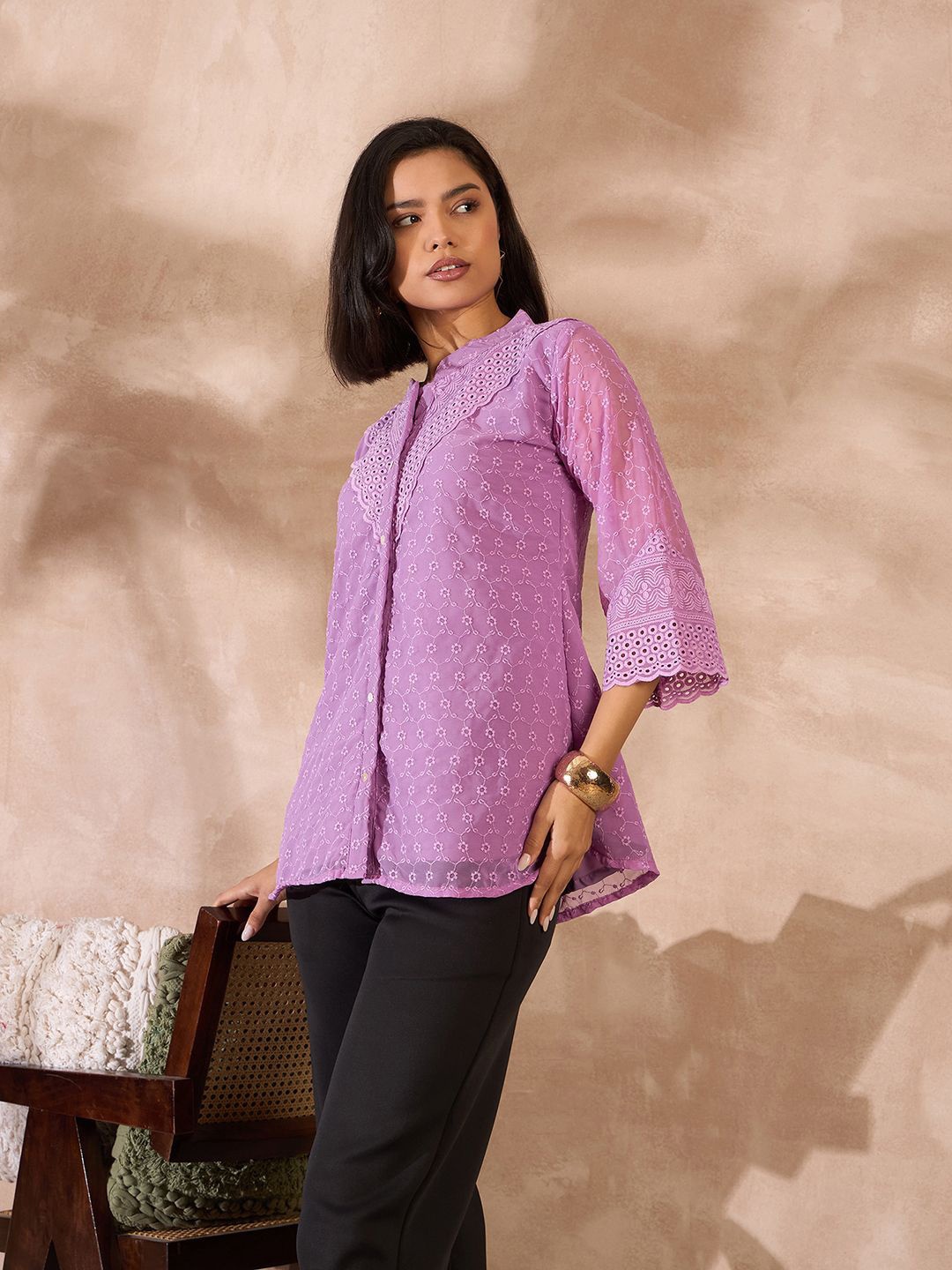 

all about you Mandarin Collar Schiffli Longline Top, Lavender