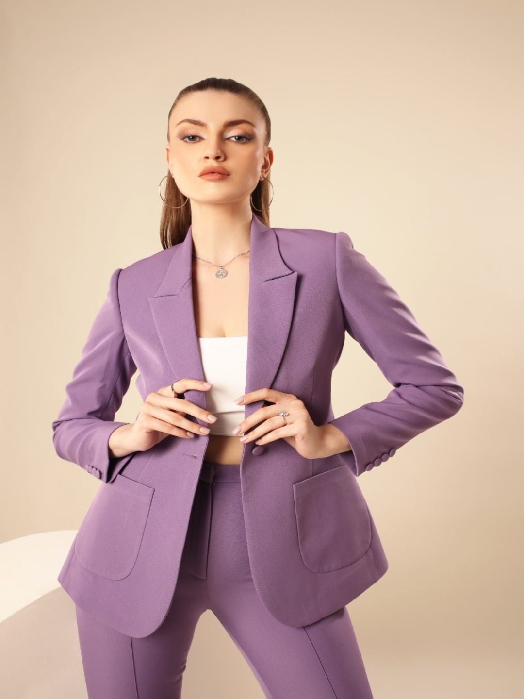 

VOLCAPE Women Lapel Collar Single Breasted Tailored Fit Blazers, Purple