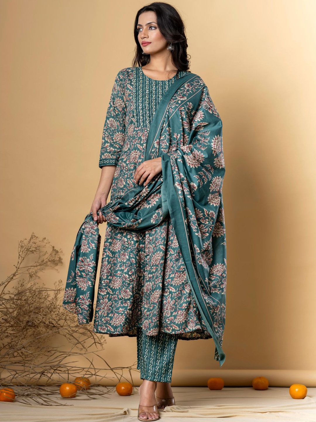 

Readiprint Floral Printed Sequinned Anarkali Kurta With Trousers And Dupatta, Green