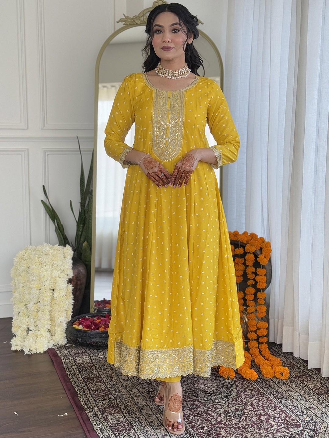 

KALINI Bandhani Embroidered Art Silk A-Line Kurta With Trousers And Dupatta, Yellow