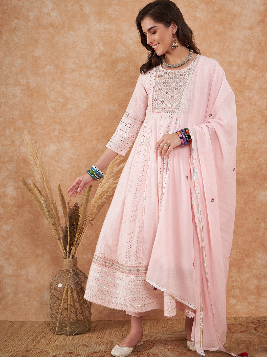 

all about you Yoke Design Round Neck Straight Pure Cotton Kurta With Trousers And Dupatta, Pink