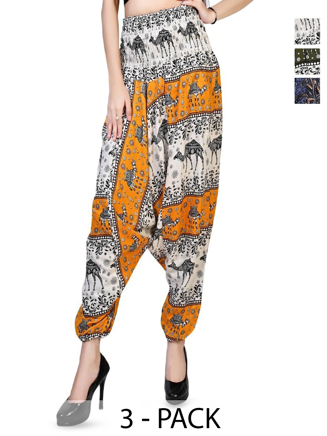

NarNari Pack Of 3 Printed Mid-Rise Harem Pants, Green