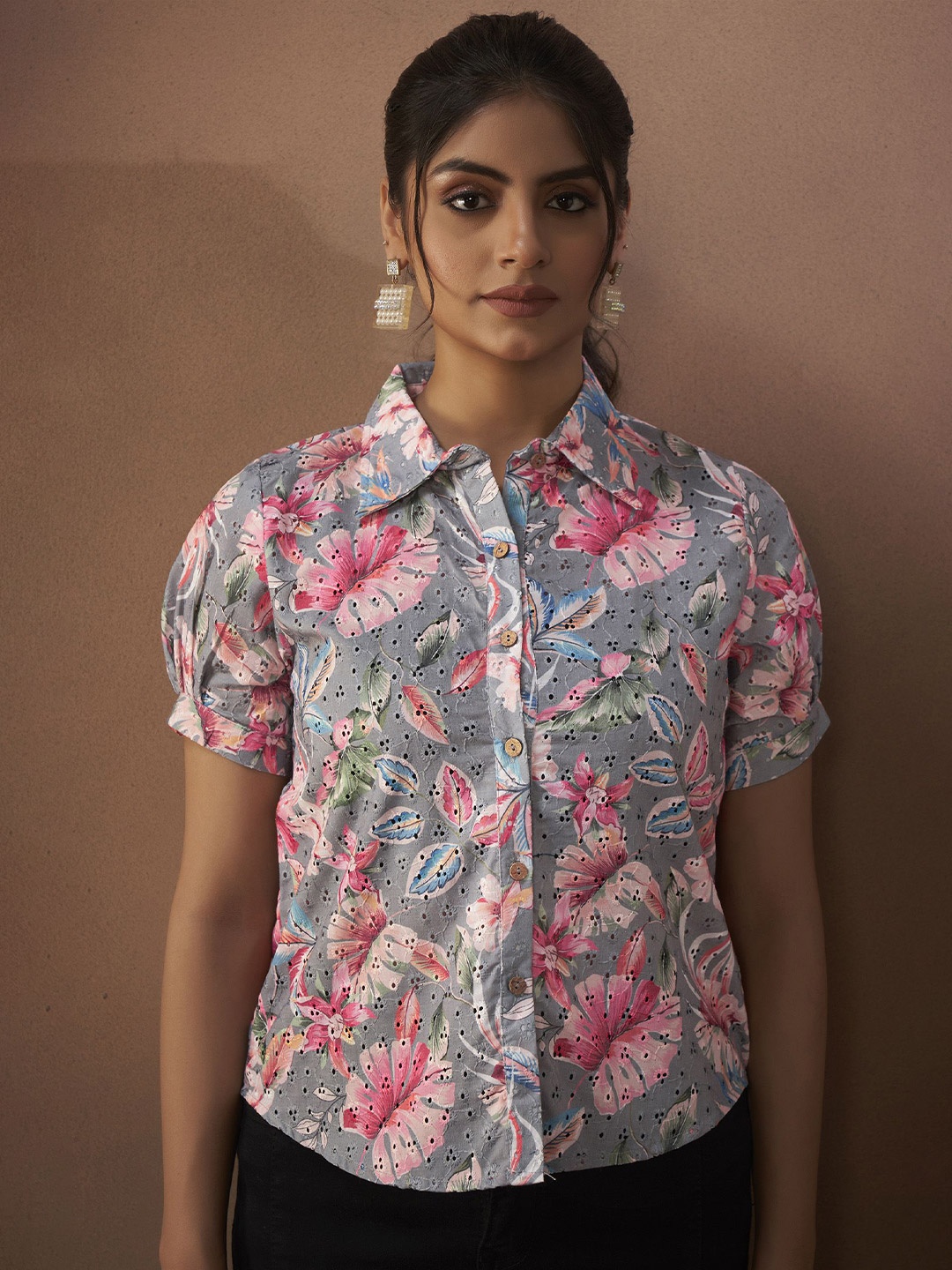 

Anouk Floral Print Puff Sleeve Top, Grey