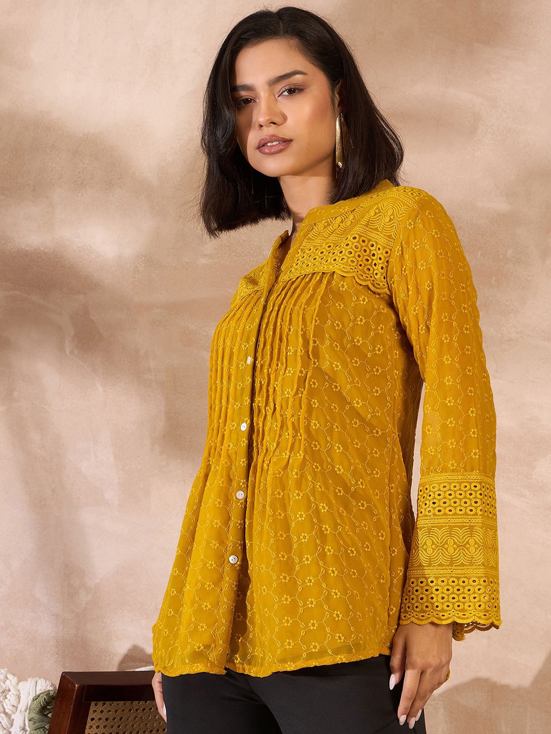 

all about you Mandarin Collar Bell Sleeve Schiffli Longline Top, Mustard