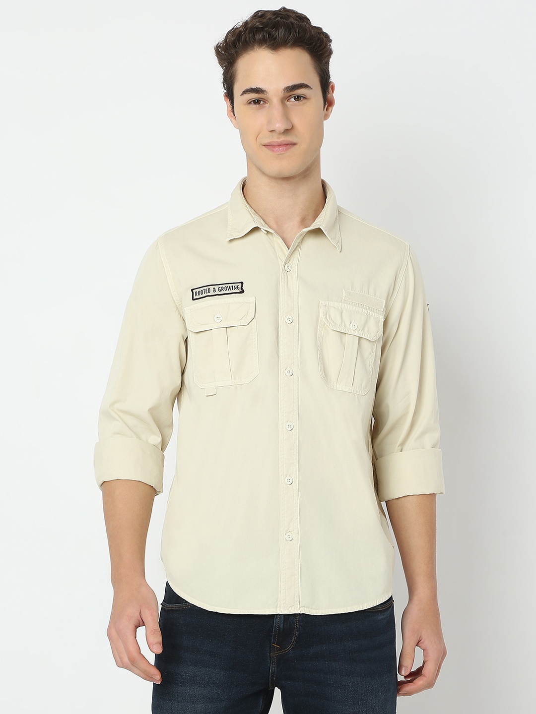 

SPYKAR Men Spread Collar Solid Cotton Casual Shirt, Cream