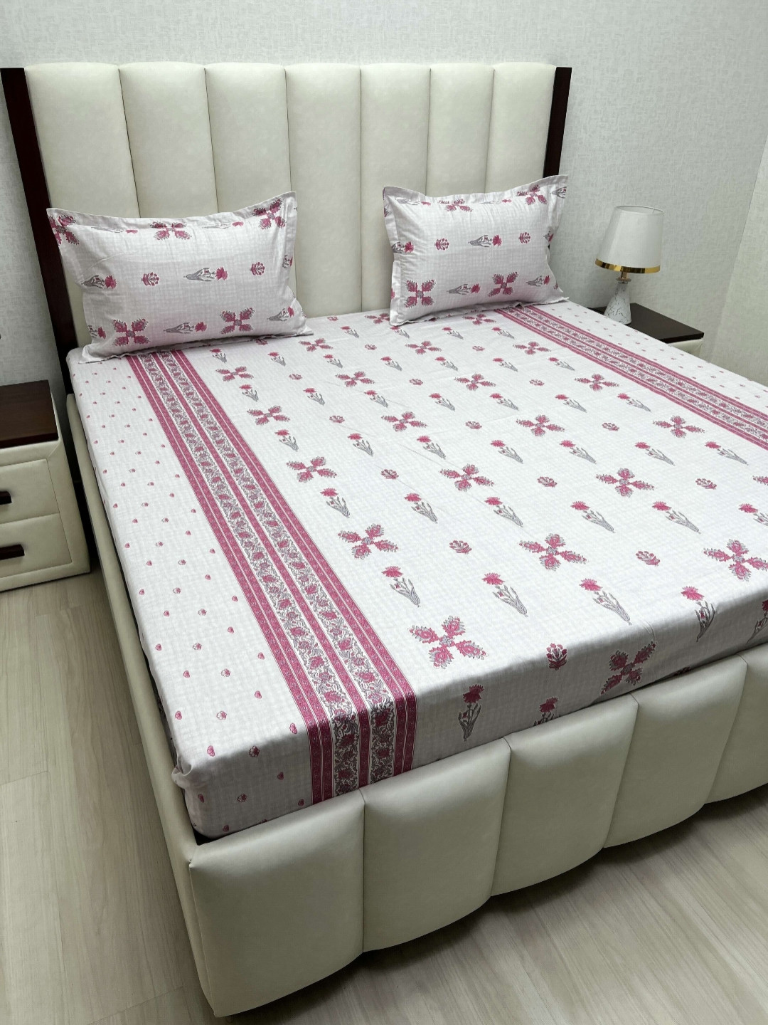 

Pure Decor White & Pink Ethnic Motifs Queen Bedsheet with 2 Pillow Covers