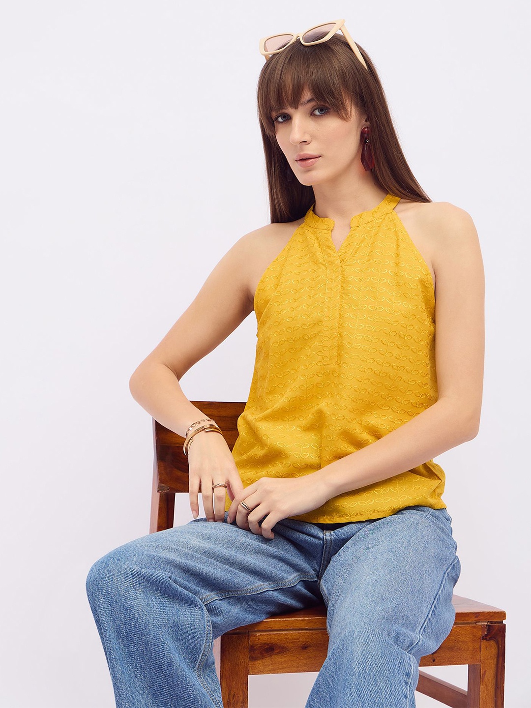 

DressBerry Mandarin Collar Cotton Top, Yellow