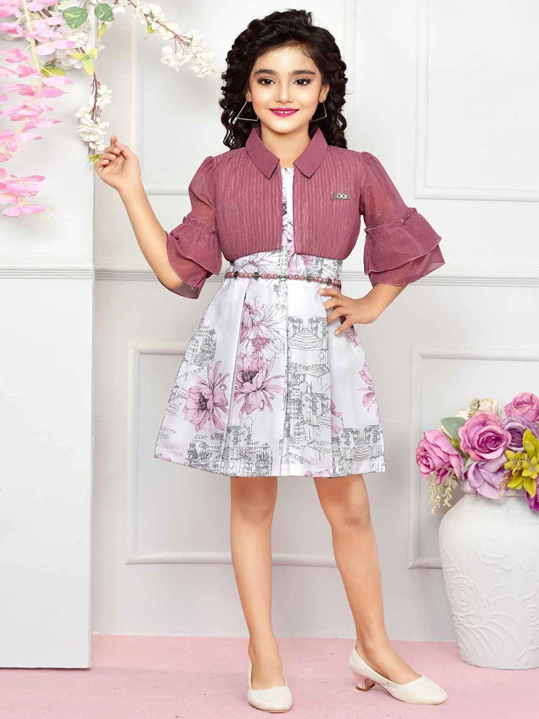 

Lagorii Girls Sleeveless Floral Printed Frock With Overcoat - Onion Pink