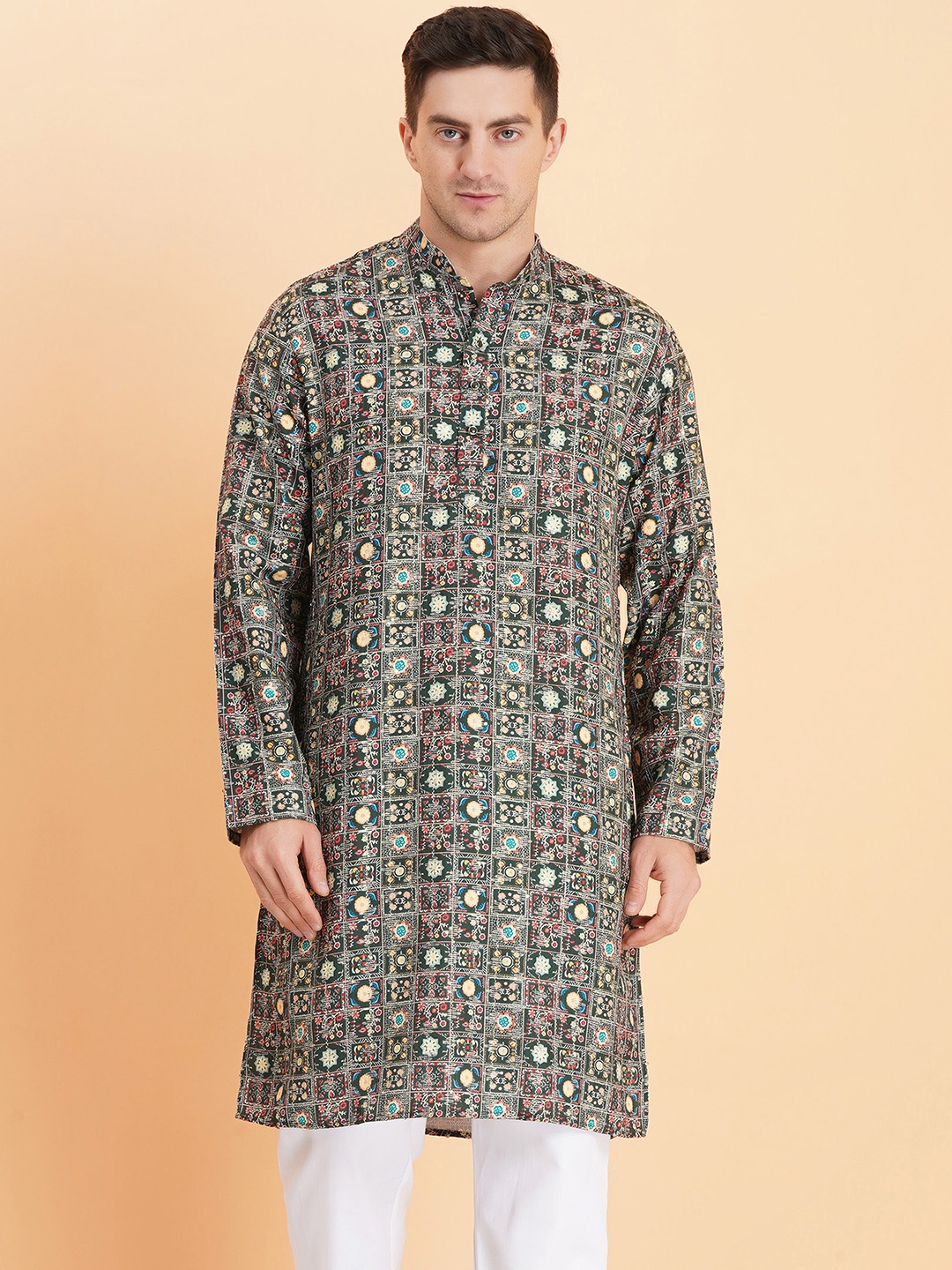 

SG LEMAN Men Ethnic Motif Printed Thread Work Kurta, Green