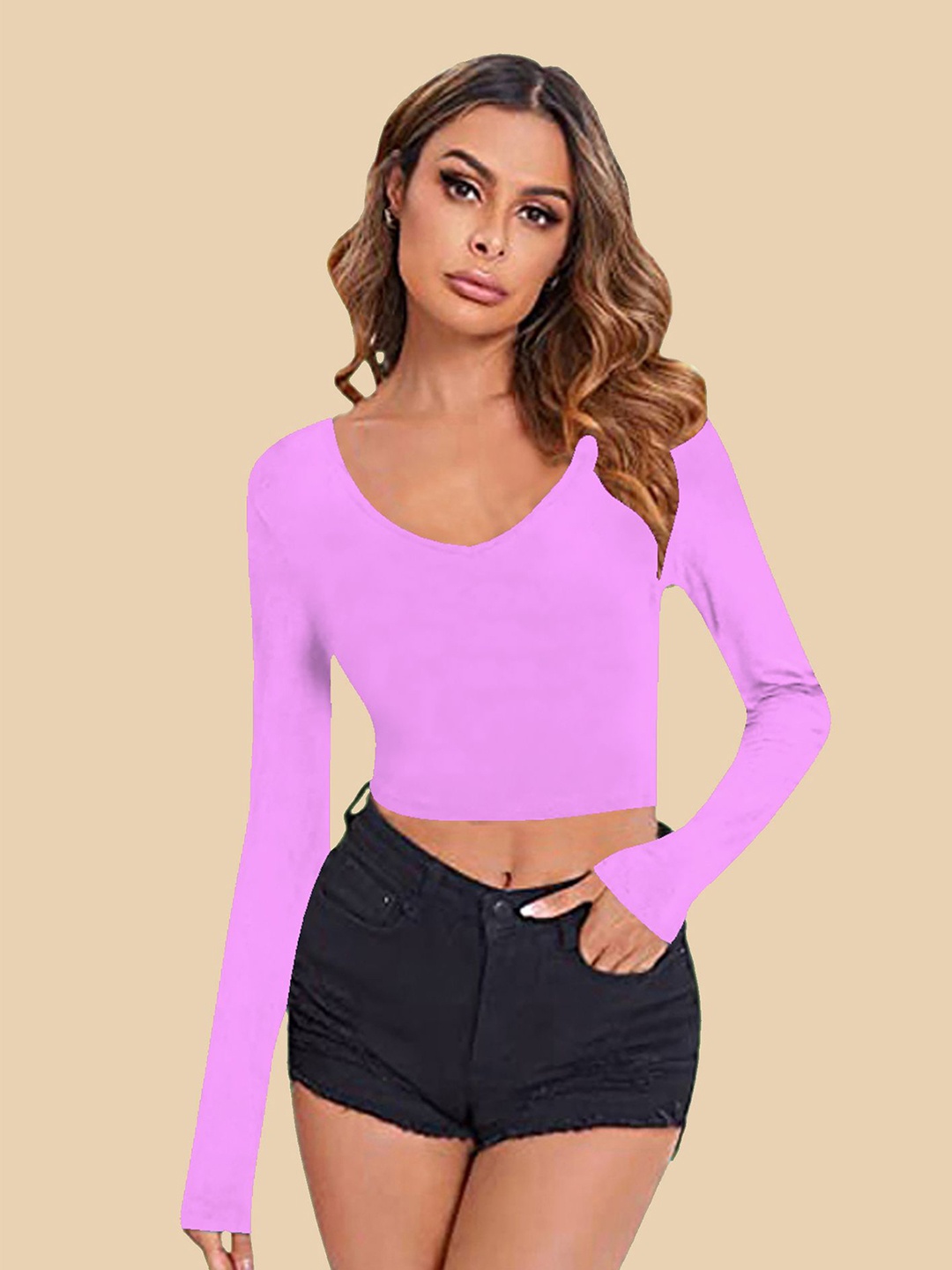 

Dream Beauty Fashion Women Round Neck Long Sleeves Fitted Top, Lavender