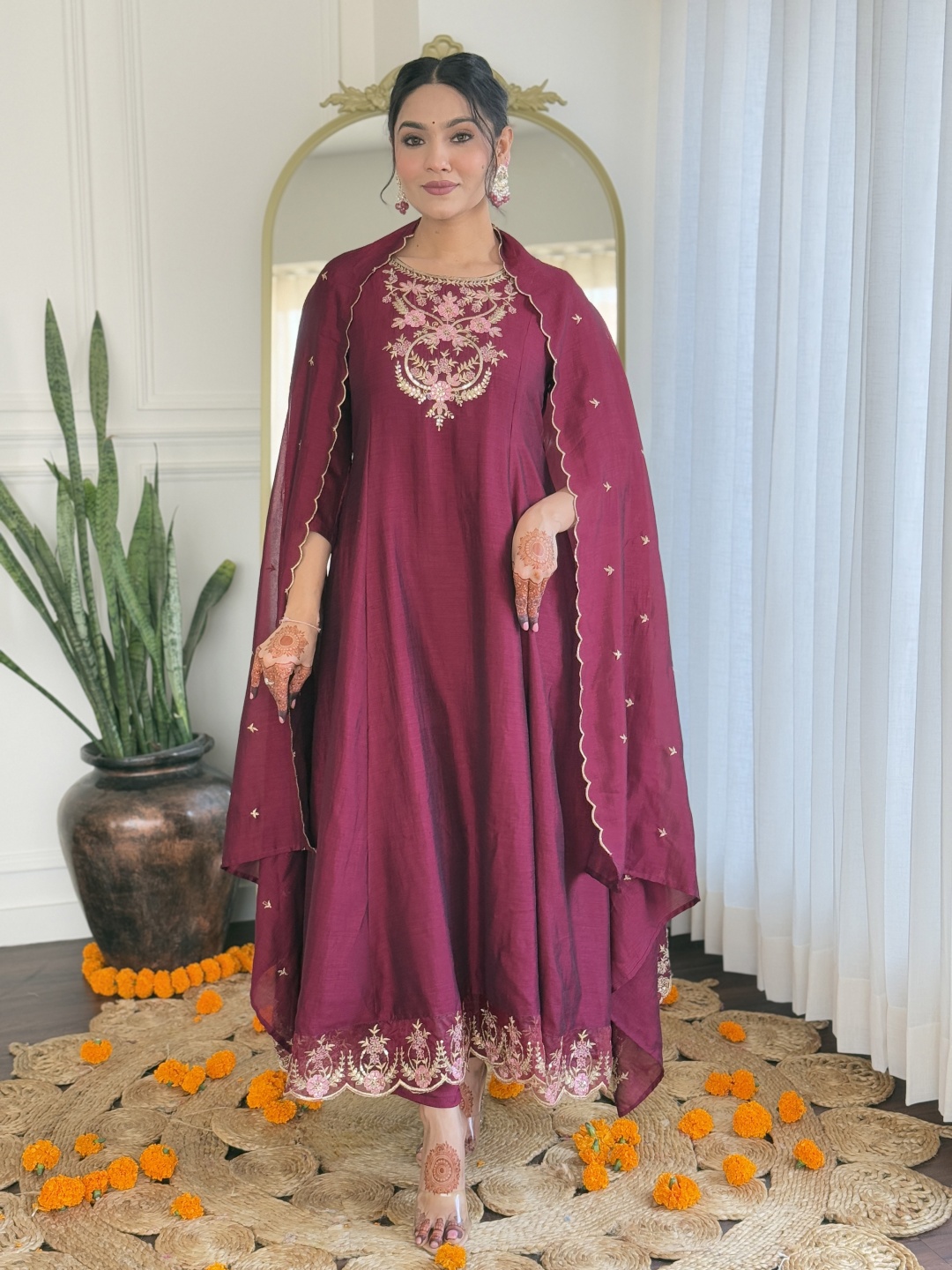 

KALINI Floral Embroidered Yoke Design Round Neck A-Line Kurta With Trouser And Dupatta, Purple