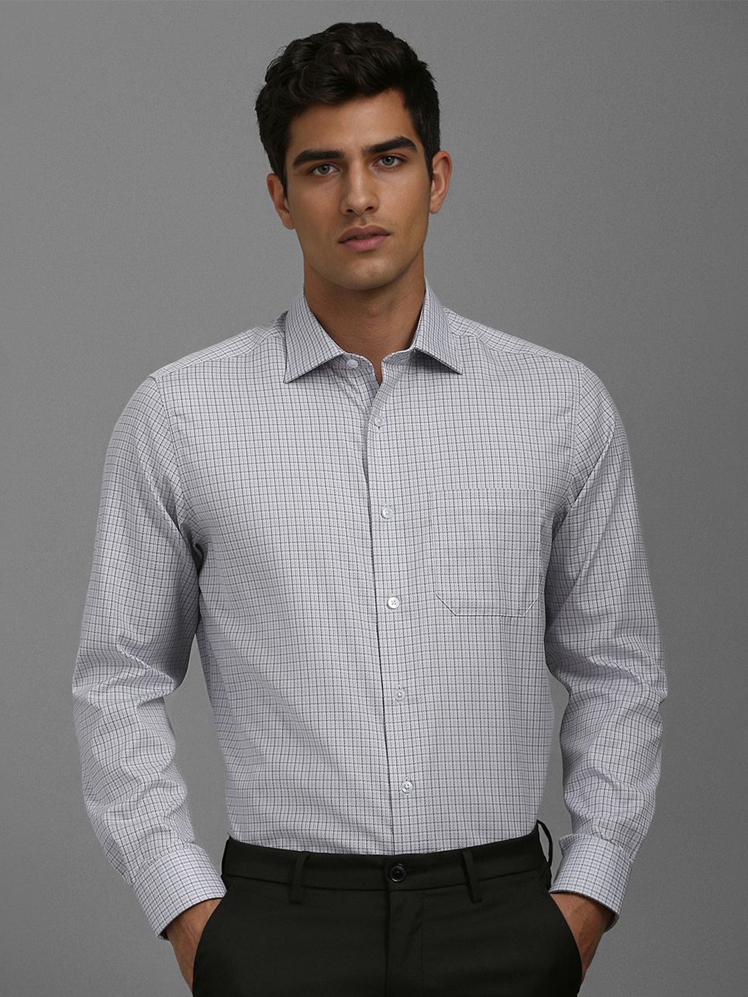 

Louis Philippe Men Classic Fit Spread Collar Checked Cotton Formal Shirt, Grey