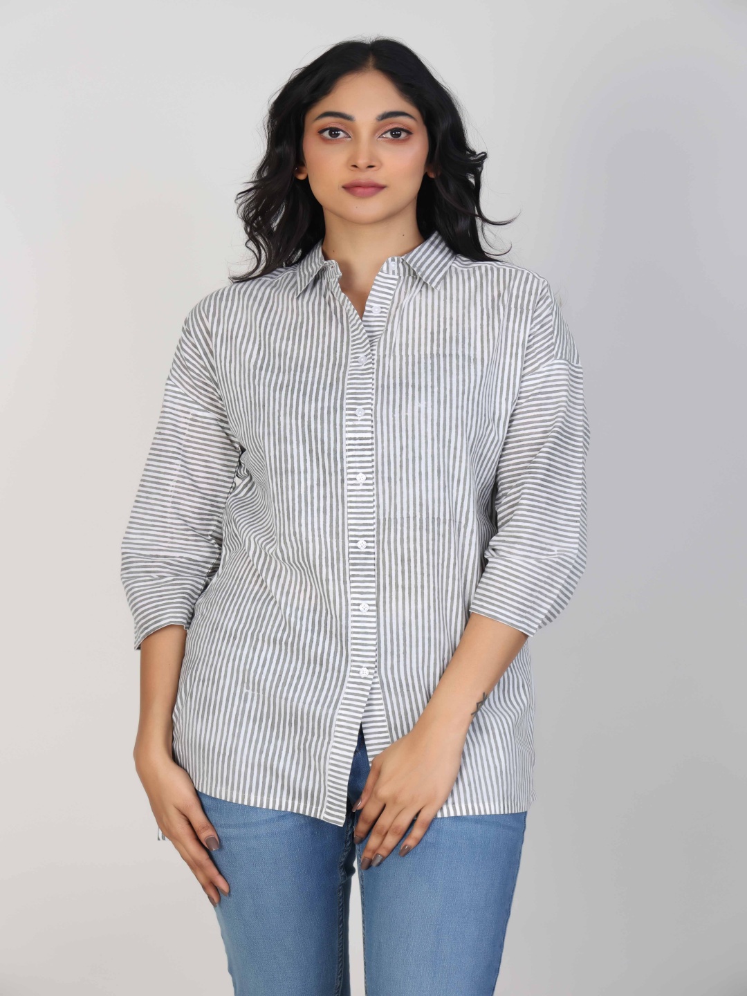 

Hassu's Women Shirt Collar Striped Tunic, Grey