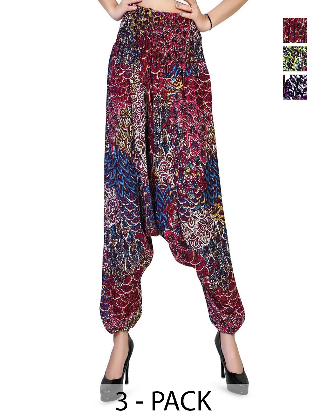 

NarNari Women Pack Of 3 Printed High-Rise Harem Pants, Maroon