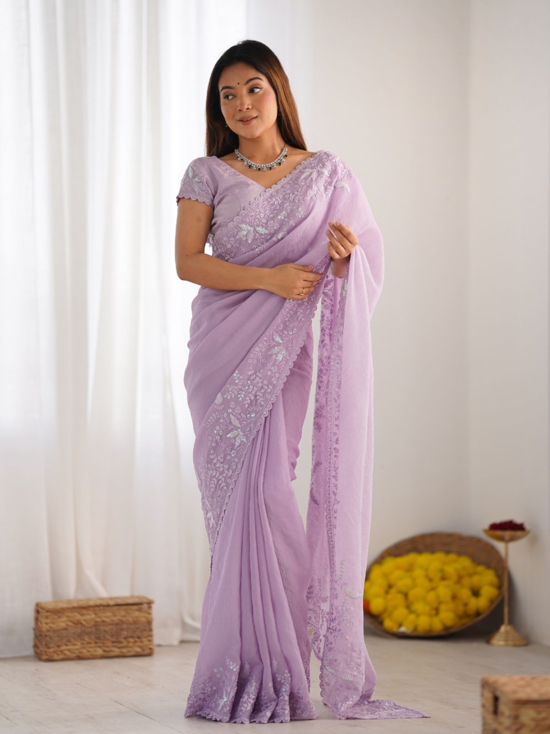 

ODETTE Sequinned Tissue Saree, Pink