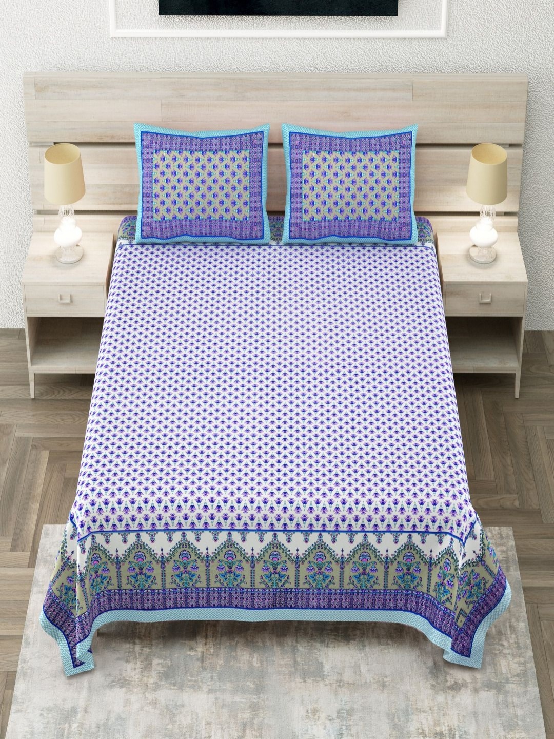 

Aapno Rajasthan Blue Floral Printed Pure Cotton 144 TC King Bedsheet Set 2.74m x 2.74m, White