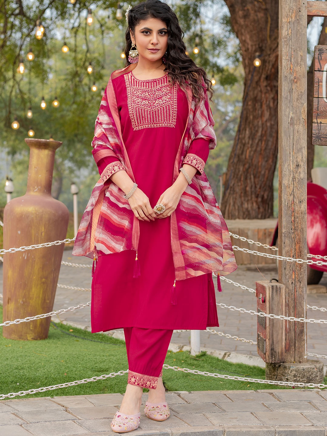 

KALINI Floral Embroidered Sequinned Roman Silk Straight Kurta With Trousers & Dupatta, Pink