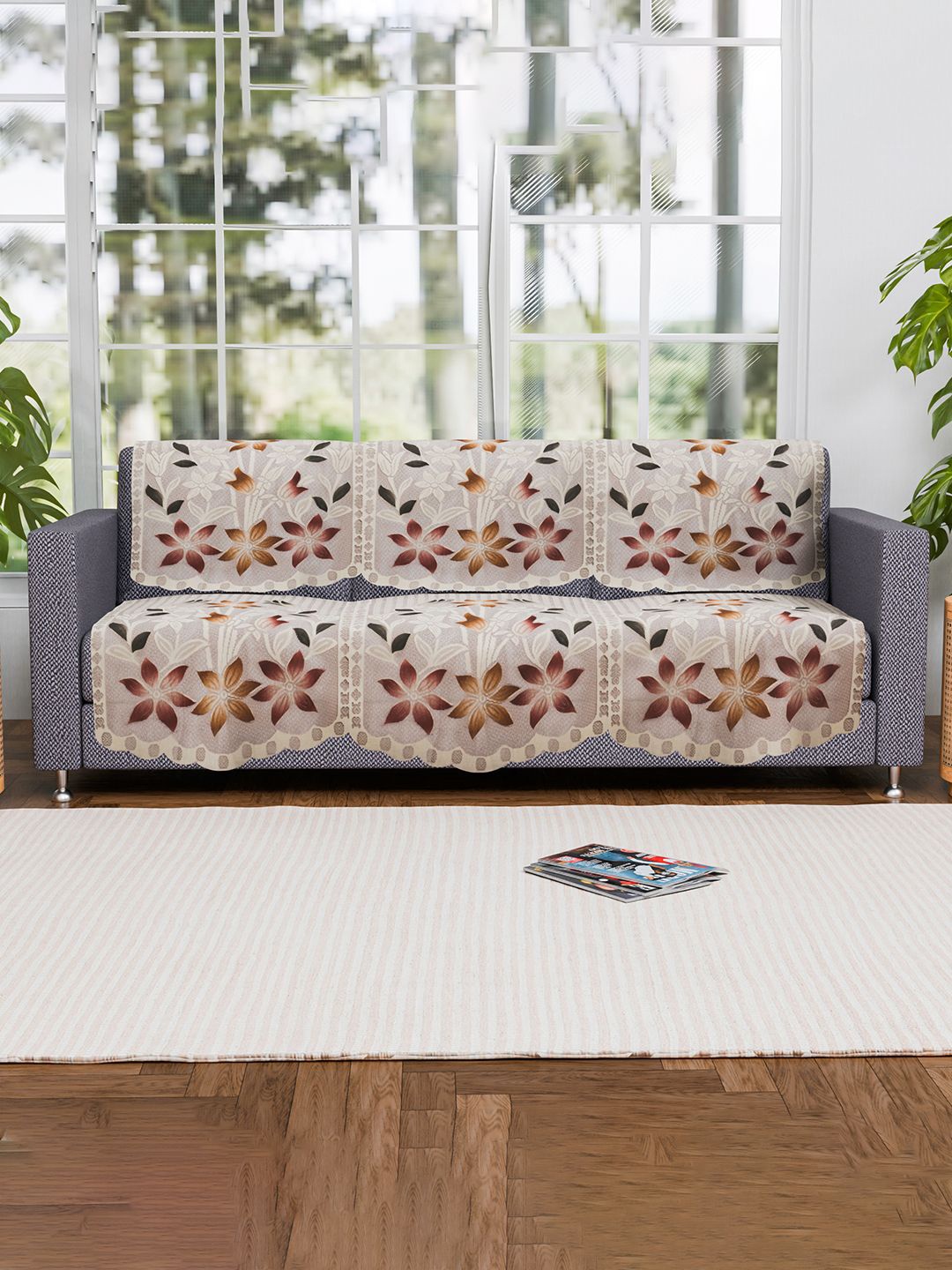 

Kuber Industries Cream-Coloured Set of 6 Floral Pure Cotton Three Seater Sofa Covers
