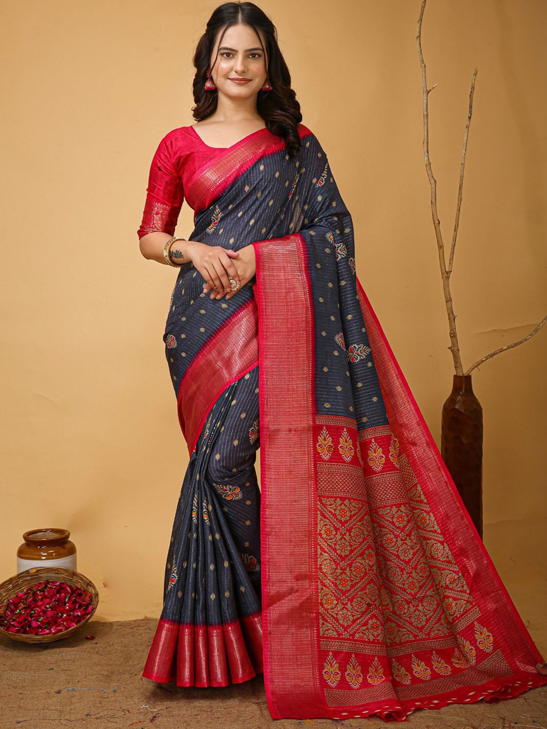 

Anouk Rustic Ethnic Motifs Zari Silk Blend Designer Sungudi Saree, Grey