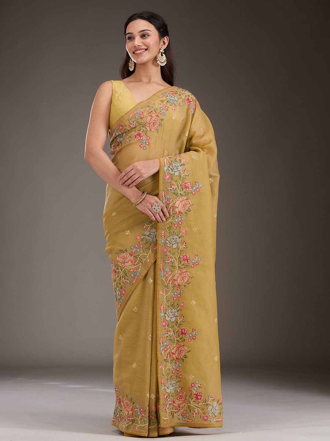 

Koskii Mustard Threadwork Tissue Saree, Yellow