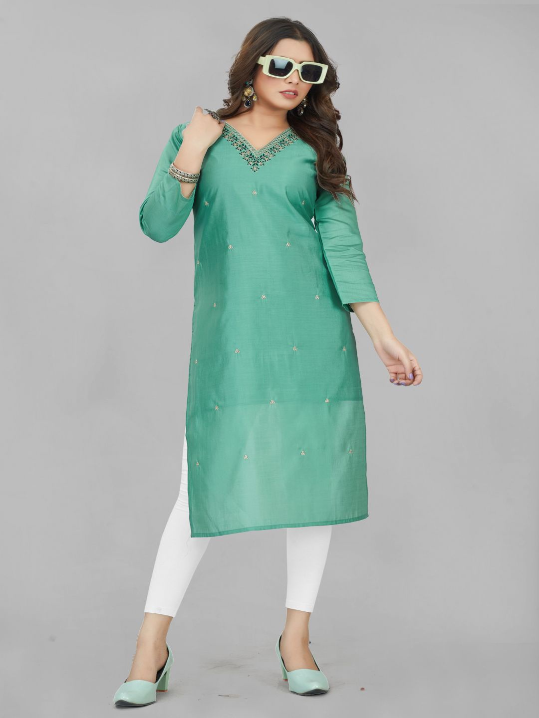 

ASTEYAM Floral Embroidered V-Neck Pure Chanderi Cotton Straight Kurta, Sea green