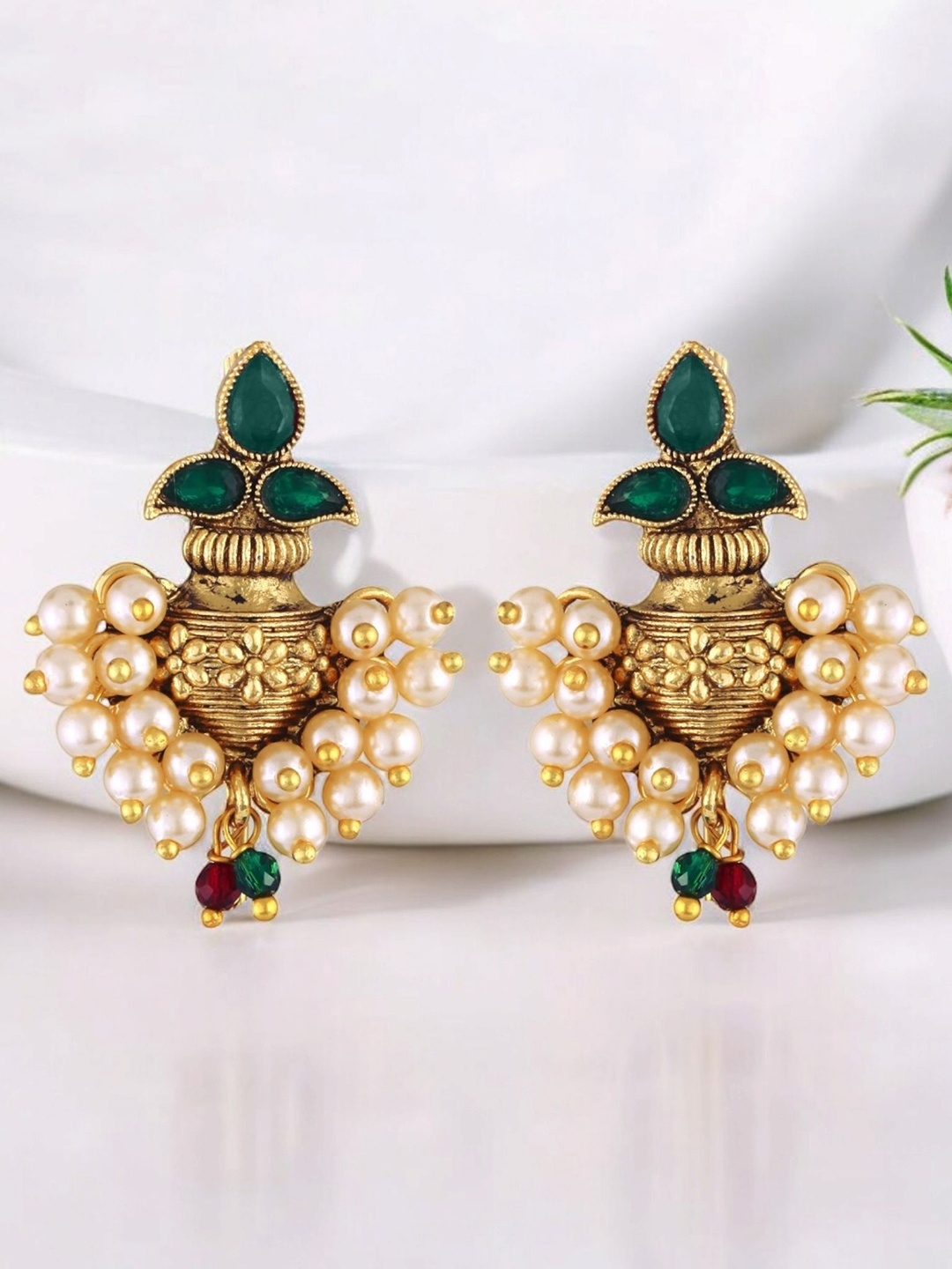 

Vighnaharta Gold-Plated Stones Studded & Pearls Beaded Contemporary Shaped Drop Earrings