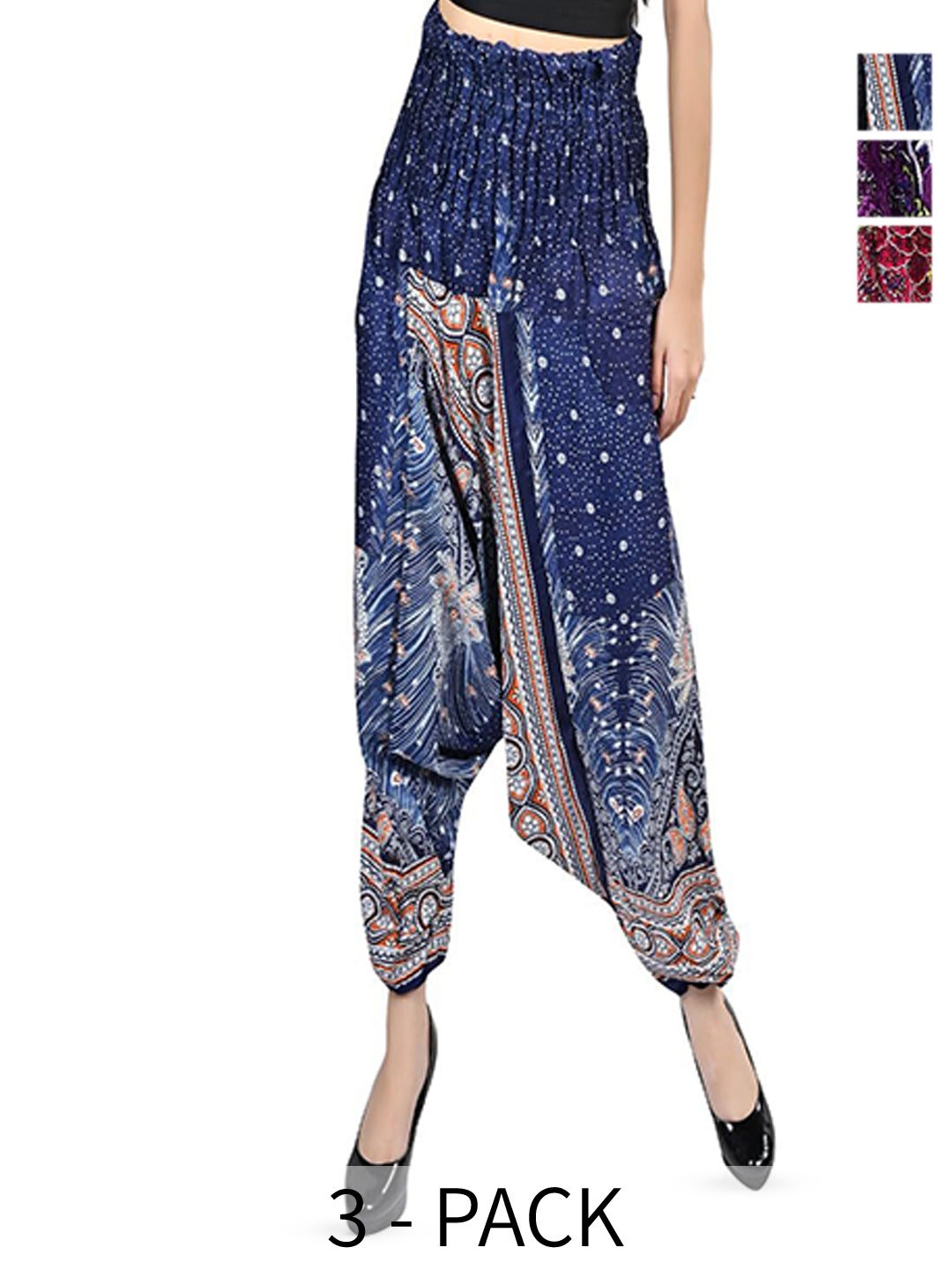 

NarNari Women Pack Of 3 Printed High-Rise Harem Pants, Navy blue