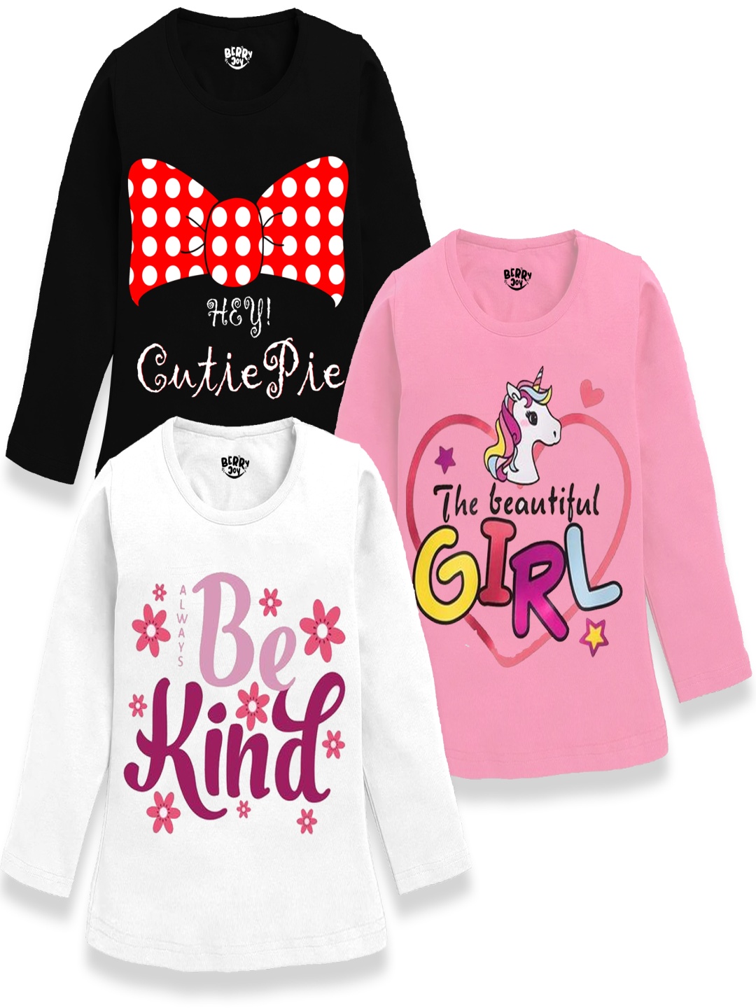 

BERRYJOY Girls Pack Of 3 Typography Printed Round Neck Cotton T-shirts, Black