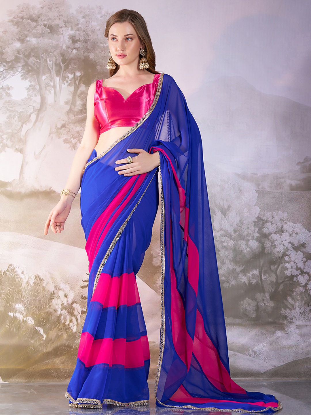 

Mitera Colourblocked Mirror Work Pure Georgette Saree, Blue