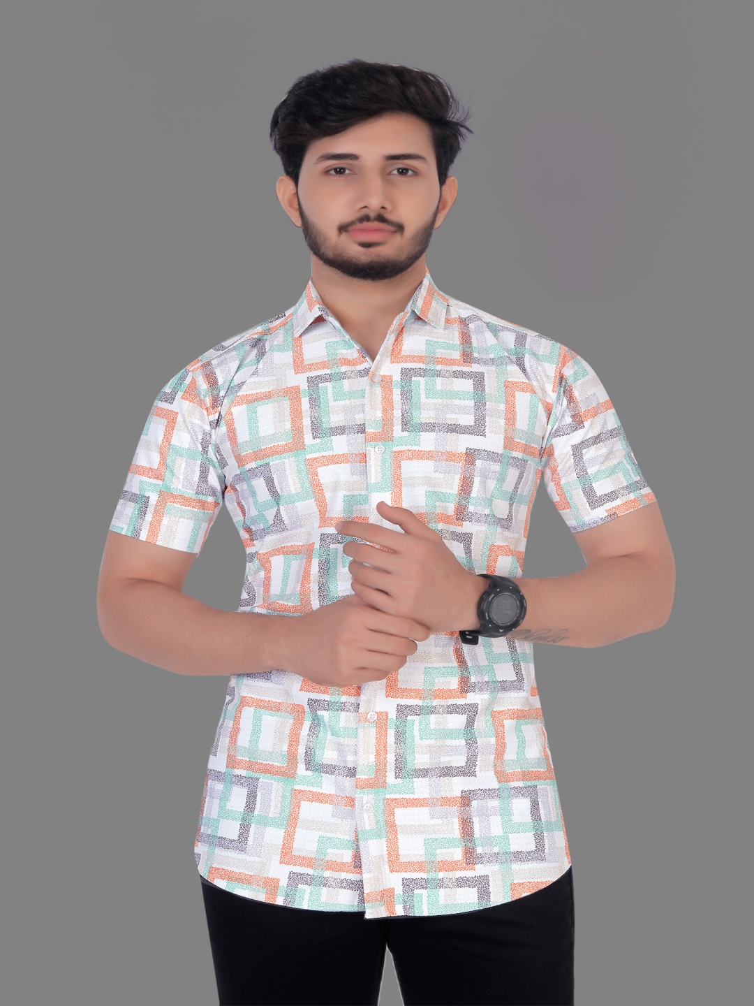 

QOSHA Men Standard Slim Fit Spread Collar Geometric Printed Casual Shirt, White