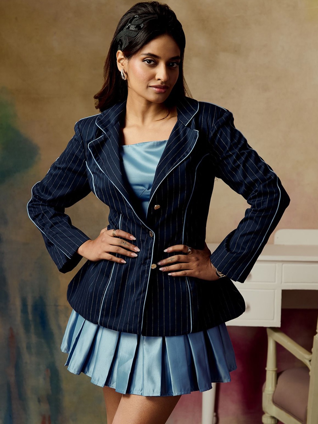 

Lea Clothing Co. Women Striped Open Front Jacket, Navy blue