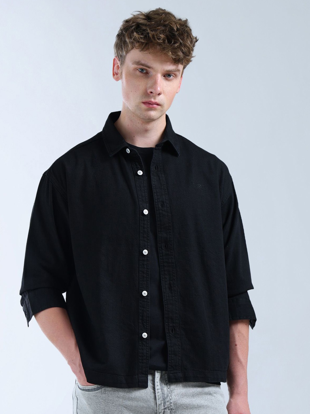 

Flying Machine Men Spread Collar Solid Cotton Casual Shirt, Black