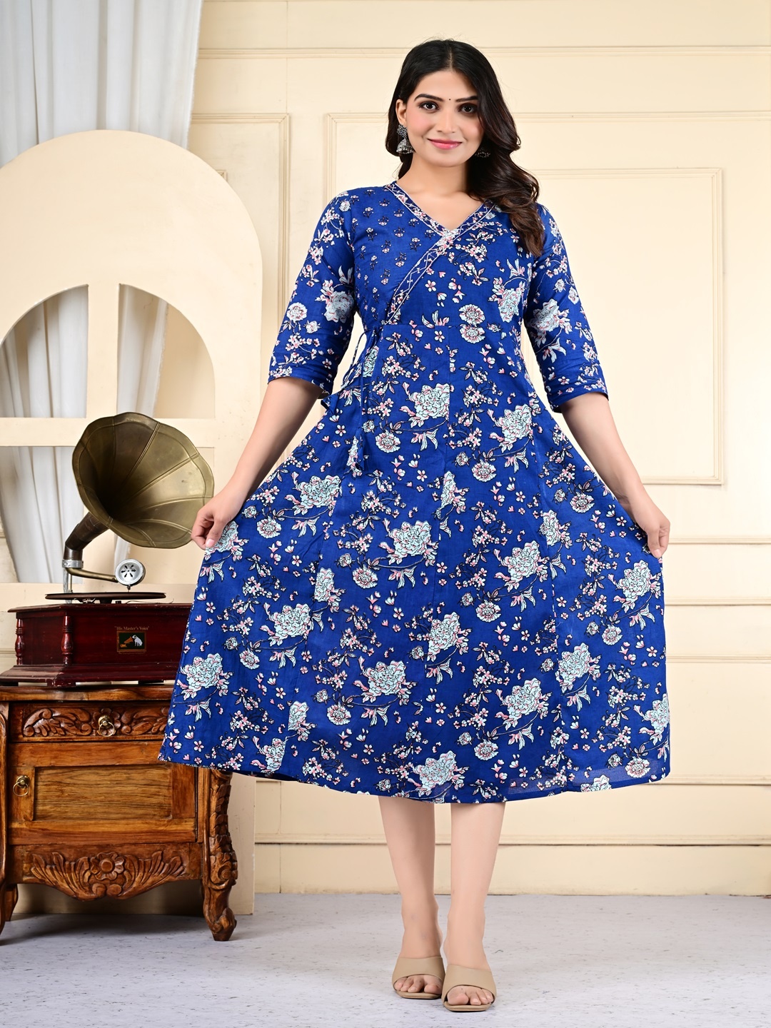 

Divsy Fashion Floral printed V-Neck Angarakha Anarkali Ethnic Dress, Blue