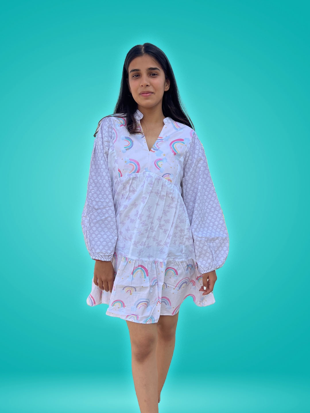 

THE WHITE FEATHERS Printed Puff Sleeve A-Line Dress