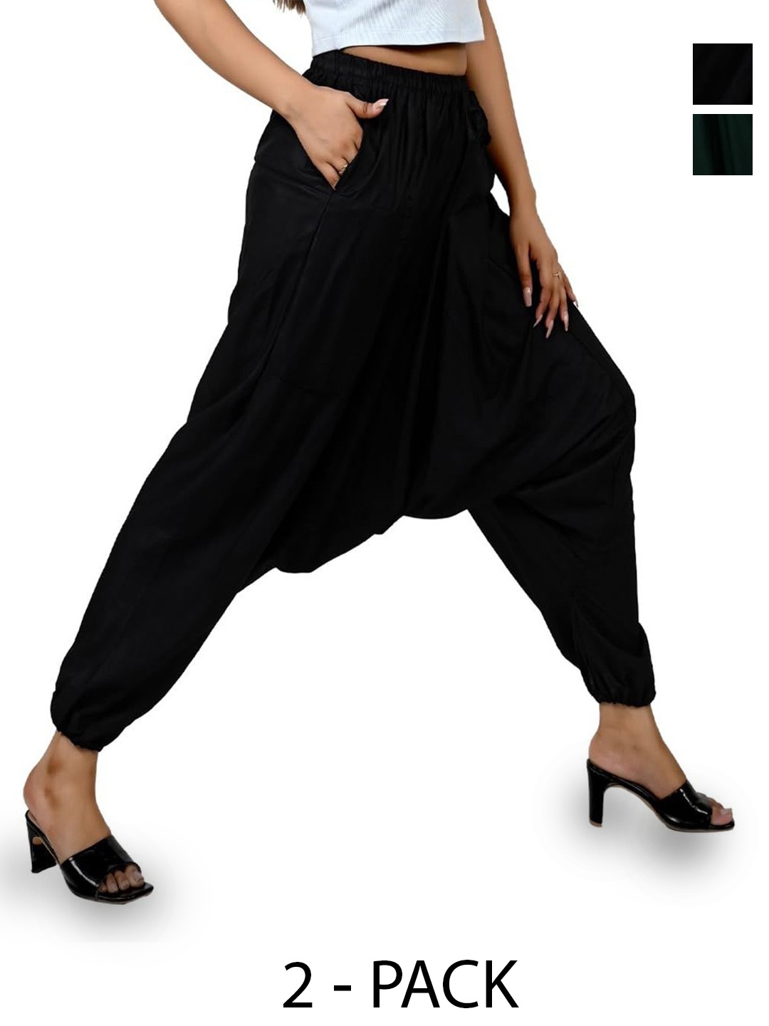 

NarNari Women Pack Of 2 Mid-Rise Harem Pants, Black