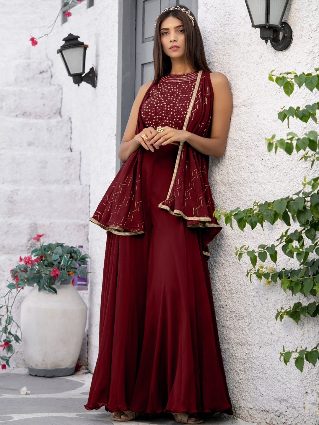 

SANCIA Geometric Embroidered Halter Neck Sequinned Crop Top With Palazzos & Dupatta, Maroon