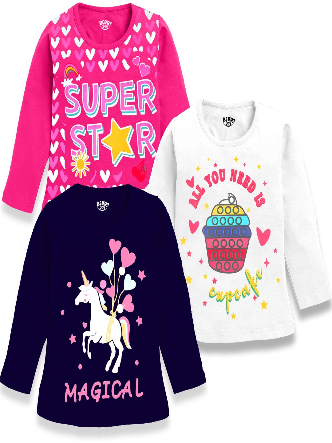 

BERRYJOY Girls Pack Of 3 Graphic Printed Round Neck Cotton T-shirts, Fuchsia