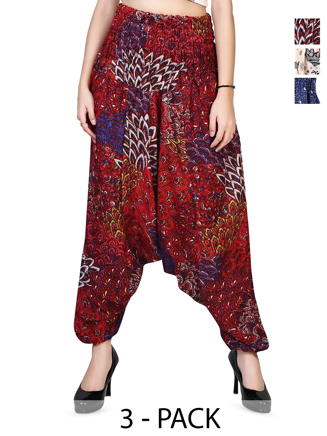 

NarNari Women Cotton Pack Of 3 Printed Harem Pants, Maroon