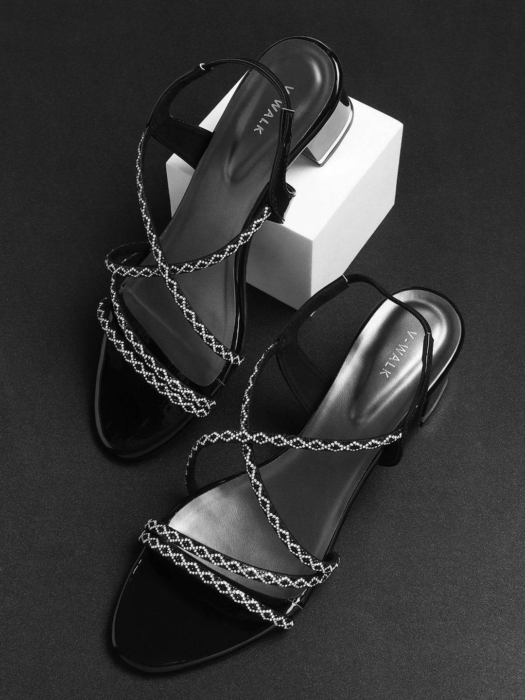 

V-WALK Embellished Party Block Sandals, Black