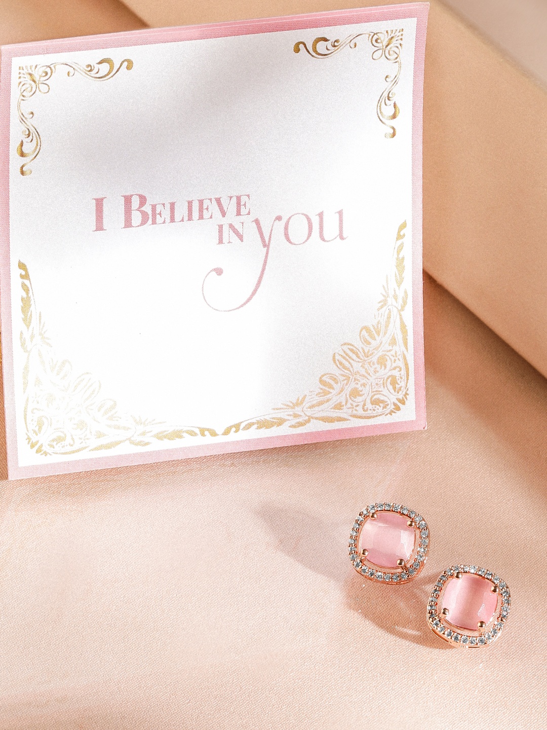 

Rubans Valentine 18K Rose Gold-Plated Cubic Zirconia Studded Square Shaped Studs, Pink