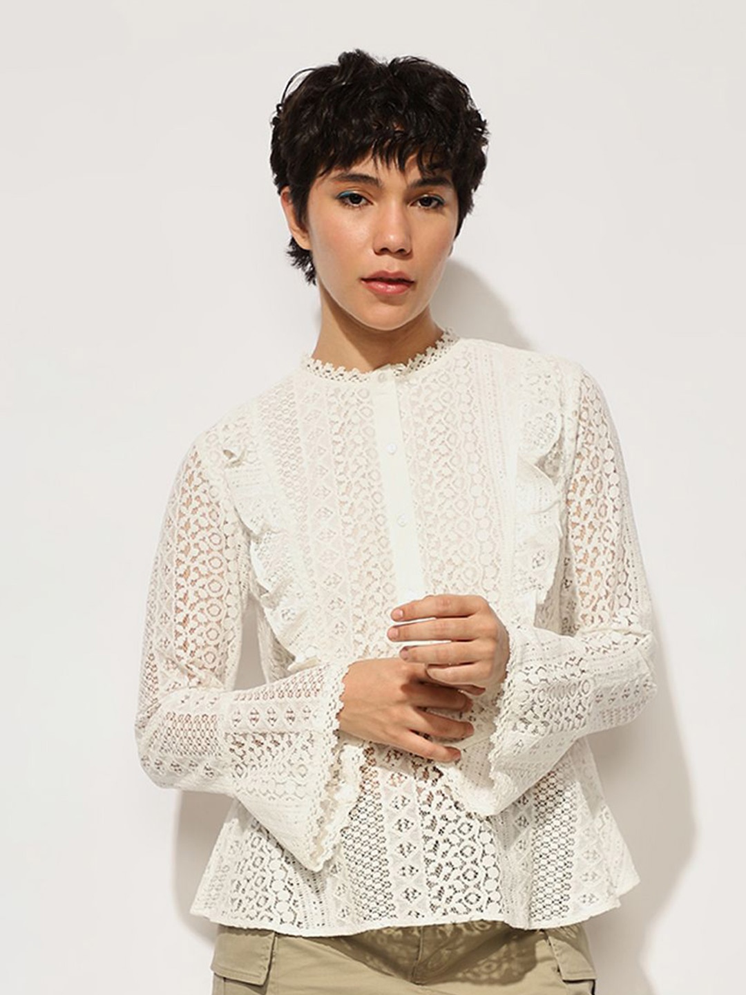 

ONLY Flared Sleeve Ruffles Cotton Lace Blouson Top, White