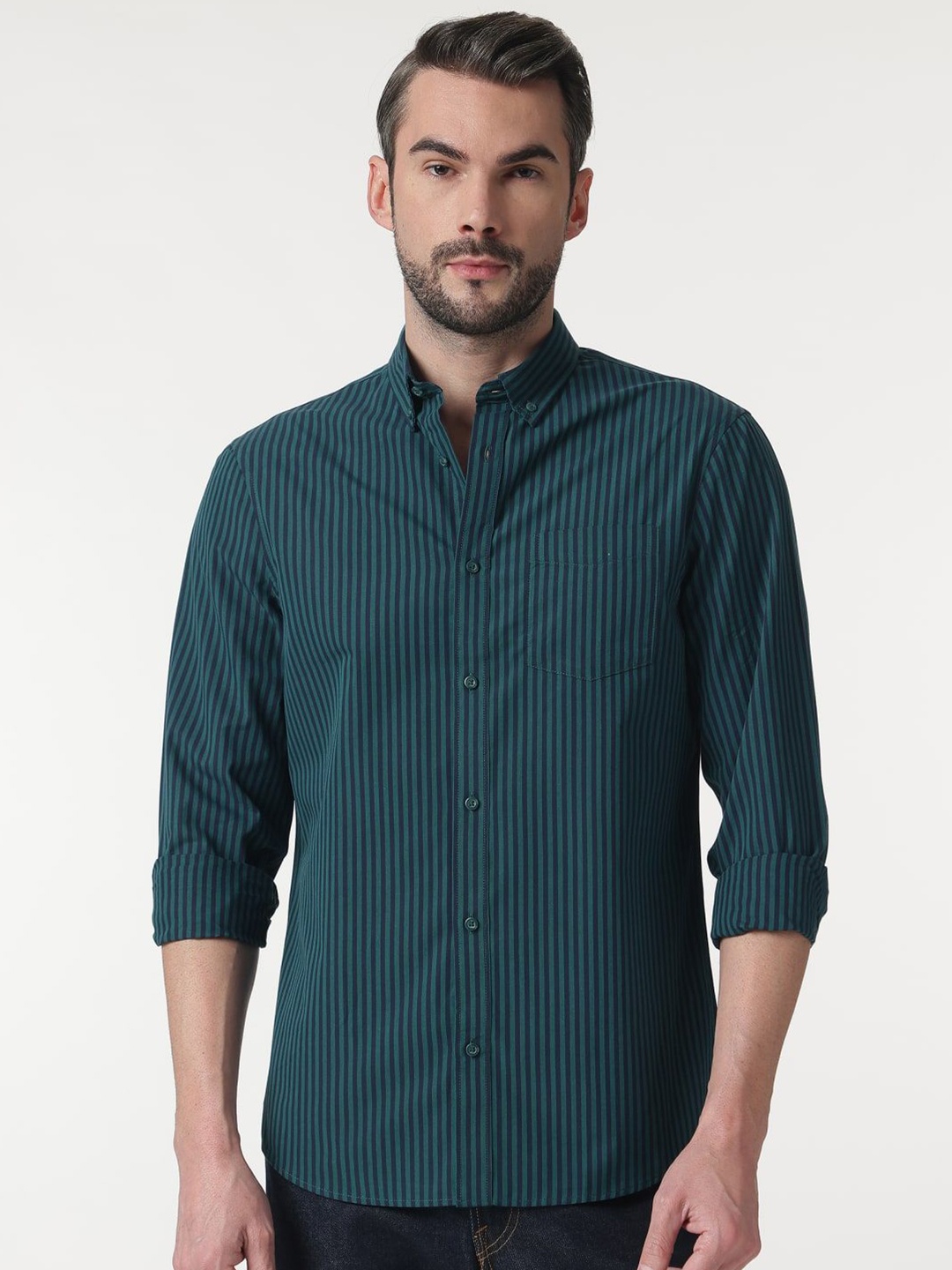 

Marks & Spencer Men Button-Down Collar Vertical Striped Cotton Casual Shirt, Green