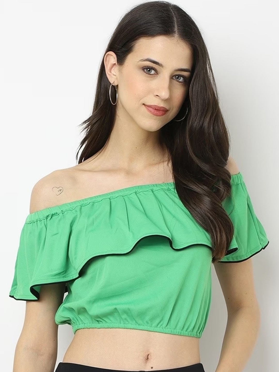 

SAKURA Off-Shoulder Flutter Sleeve Bardot Crop Top, Green