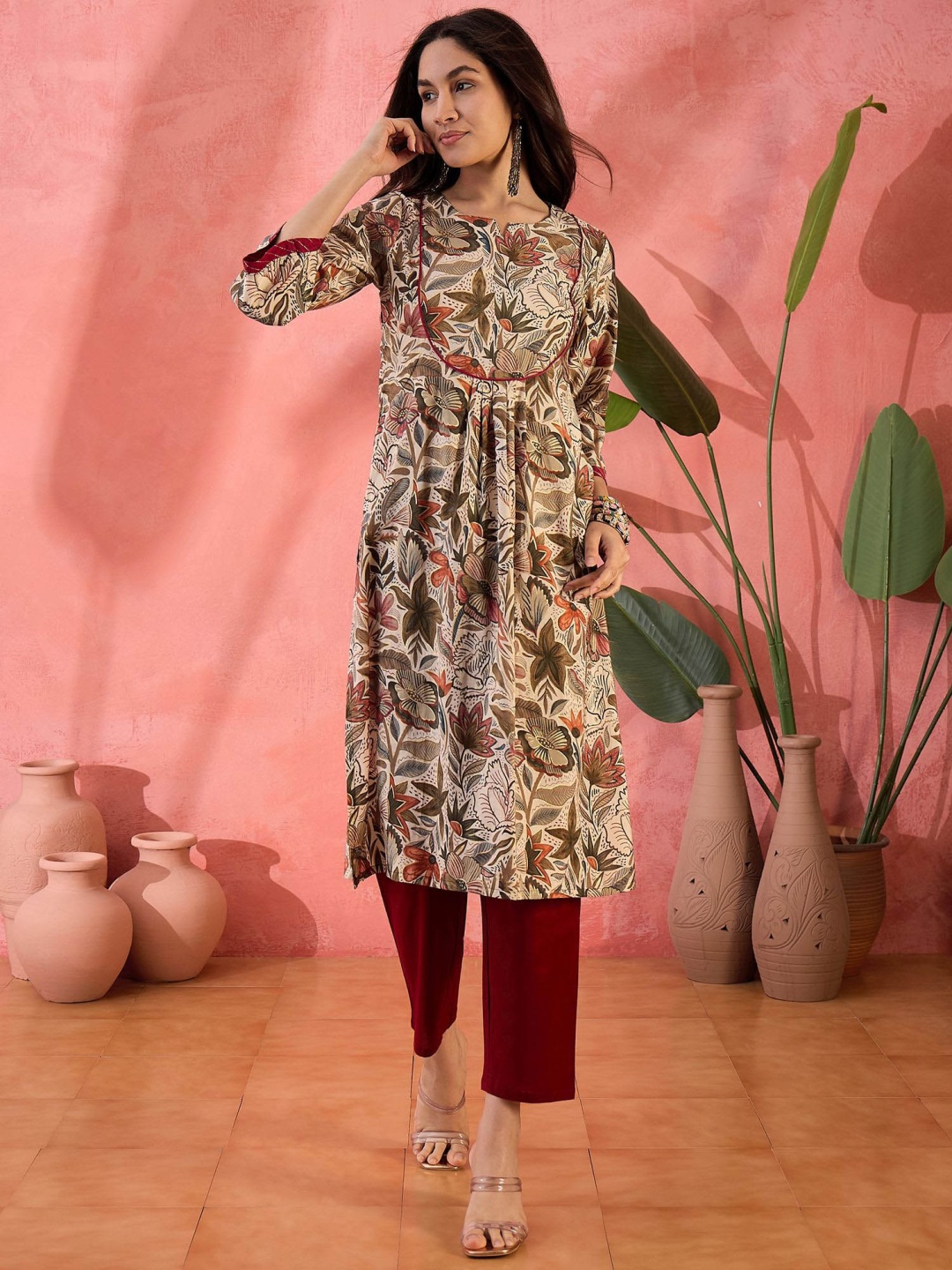 

Sangria Beige Floral Printed Notch Neck Flared Sleeves A_Line Kurta