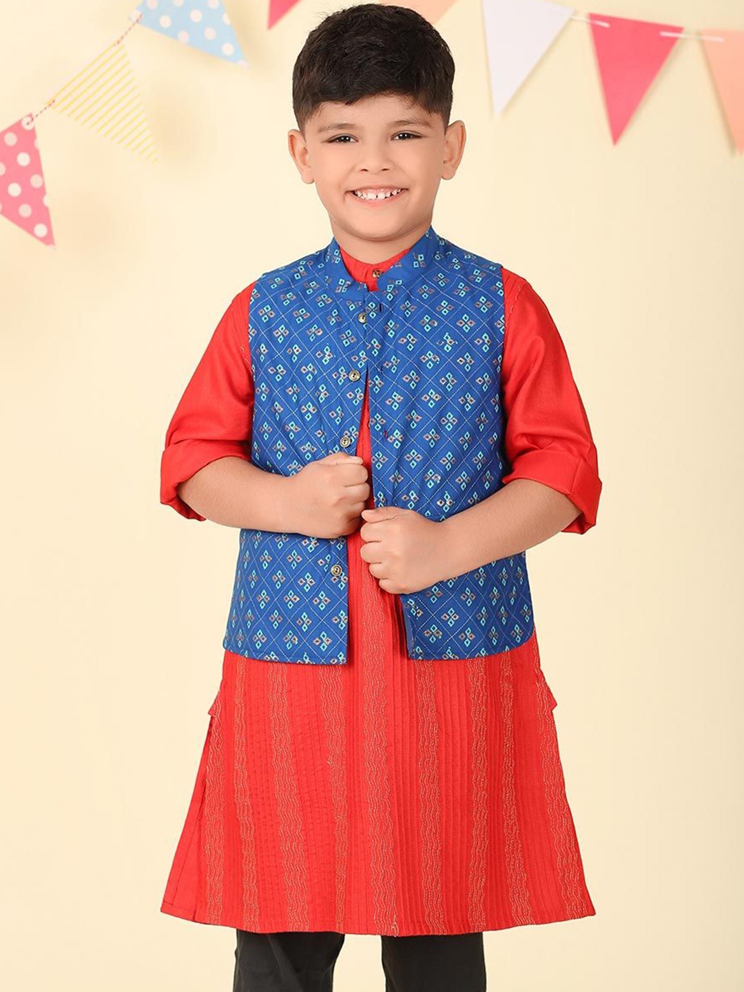 

Fabindia Boys Printed Nehru Jacket, Blue