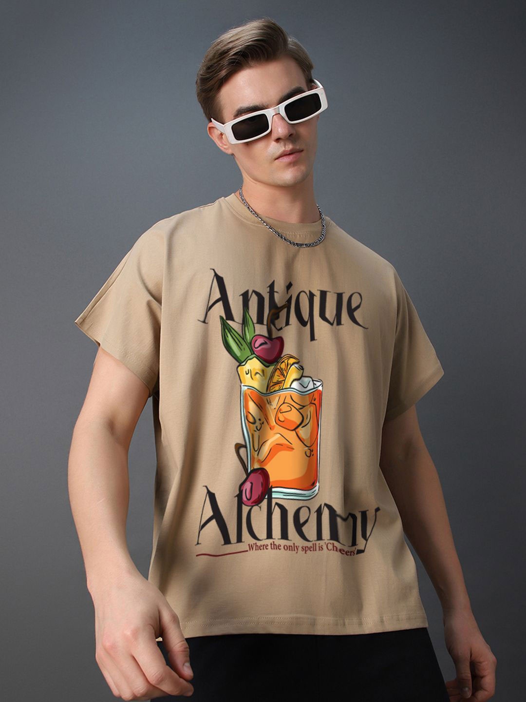 

Bewakoof Men Typography Printed Round Neck Cotton Oversized T-shirt, Khaki