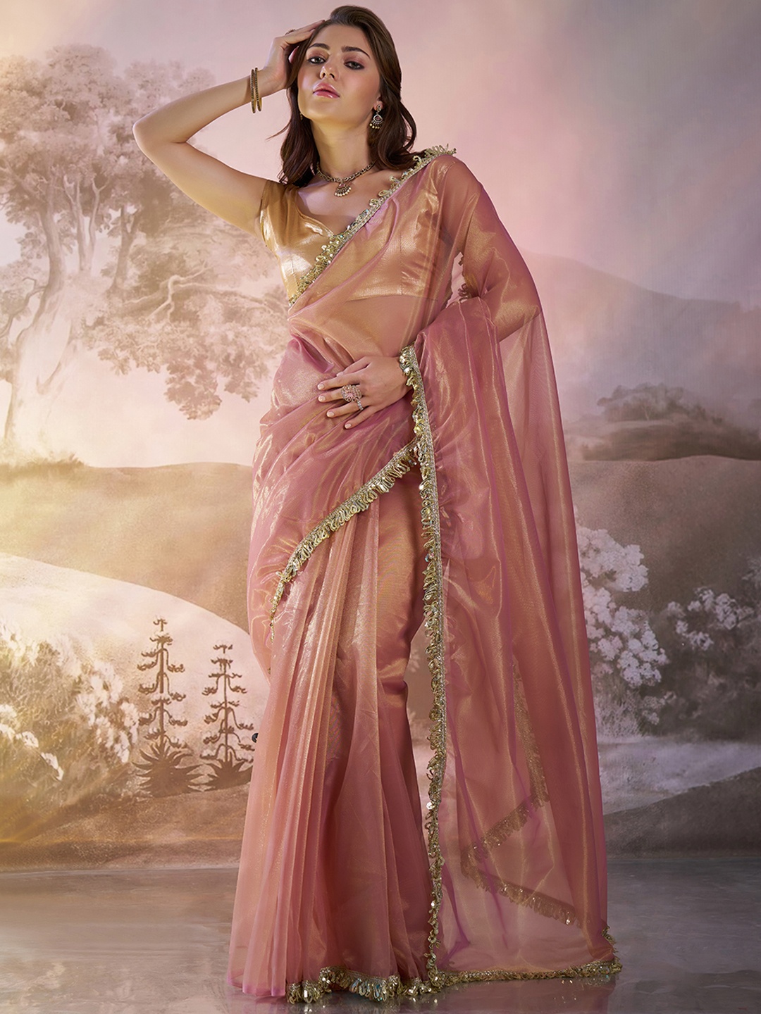 

Mitera Sequinned Embellished Organza Saree, Pink