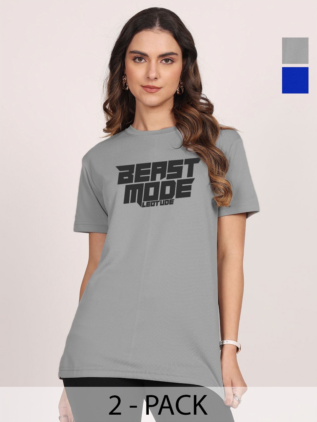 

Leotude Women Pack Of 2 Typography Printed Round Neck Cotton T-shirts, Multi
